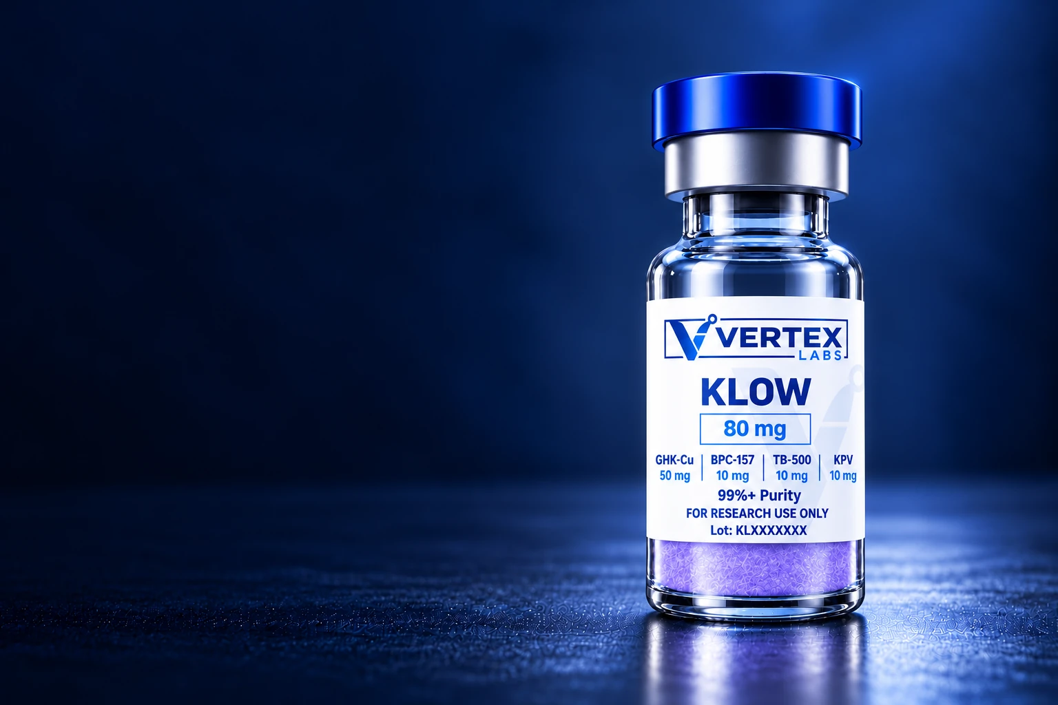 Vertex Labs research-use-only vial with a blue cap and white logo against a dark blue background.