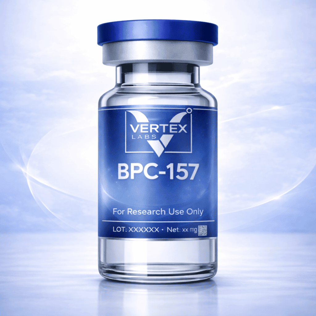 Vial of BPC157 research peptide, Vertex Labs