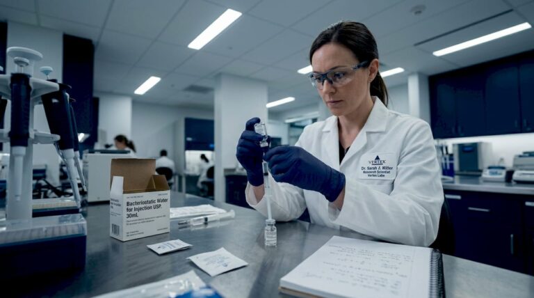 Lab technician preparing for peptide reconstitution